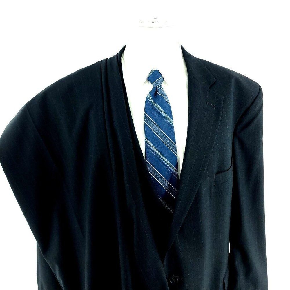 Jos A Bank Wool 2 Button 2 Piece Suit 50L Blue Striped 46/26 Pleated Cuffed High